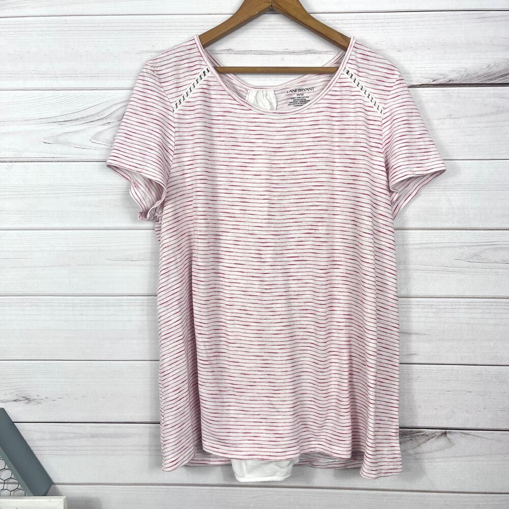 Lane Bryant Pink and White Striped Blouse Size 14 16 Knit Lace‎ Up Backside Top